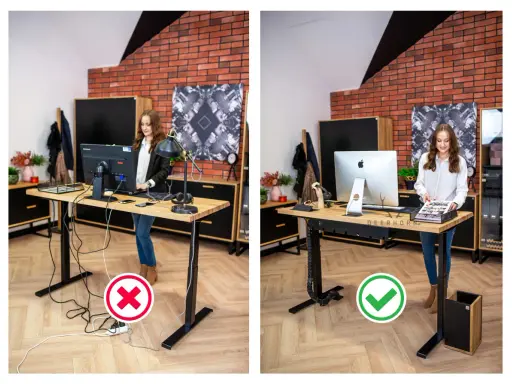 Feng shui schreibtisch: Chaos mit Kabeln (links) vs. Ordnung und Harmonie (rechts). Ein aufgeräumter Arbeitsplatz fördert Energiefluss und Wohlbefinden.