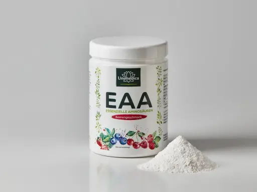 Unimedica EAA Beeren-Geschmack: Pulver für die Muskelregeneration. Die EAA Wirkung unterstützt den Körper optimal.