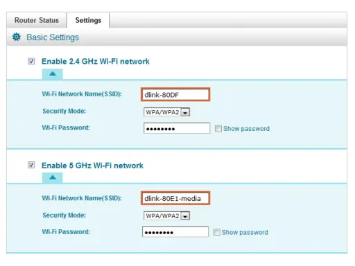 Router-Einstellungen: Wi-Fi-Netzwerkname (SSID) für 2,4 GHz ist "dlink-80DF", für 5 GHz ist "dlink-80E1-media".