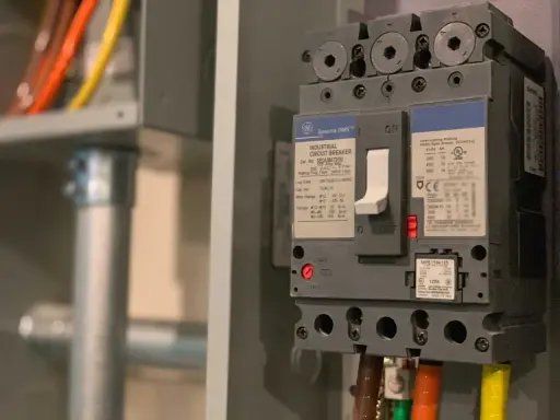 En industriell automatsäkring, redo att installera jordfelsbrytare. Kablar i orange, gult och grönt syns.