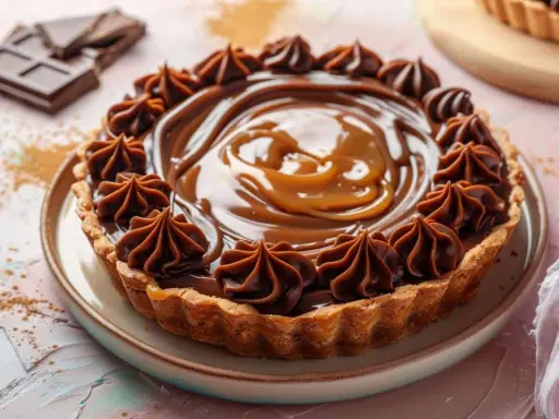 Une délicieuse tarte chocolat légère, garnie de crème onctueuse et de rosettes de chocolat, prête à être dégustée.