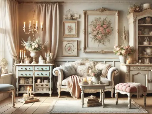 Salotto in stile shabby chic arredamento: divano, comò azzurro, armadio, quadri floreali, candele e tessuti morbidi creano un'atmosfera romantica.