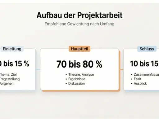 Aufbau der Projektarbeit: Einleitung (10-15%), Hauptteil mit Theorie, Analyse, Ergebnissen (70-80%), Schluss (10-15%).