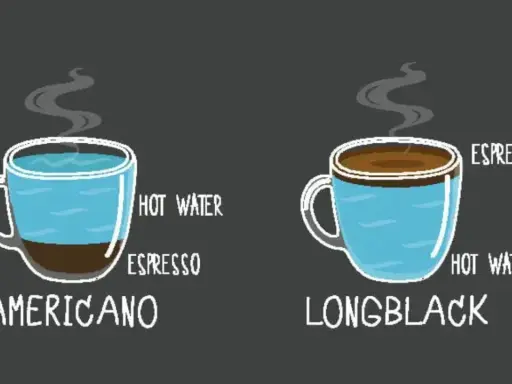 Zwei dampfende Kaffeetassen: Americano mit Espresso unten und heißem Wasser darüber, Longblack mit heißem Wasser unten und Espresso darüber.