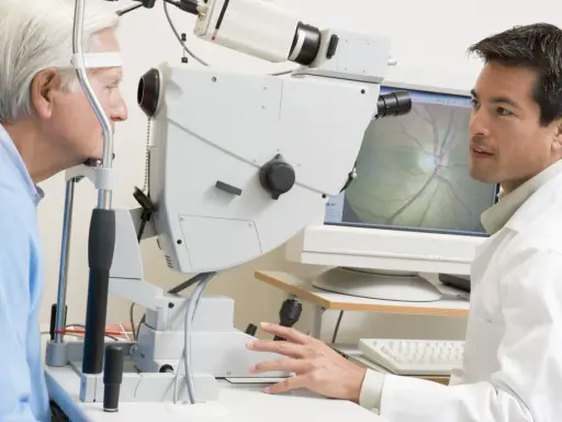 Okulista bada oko pacjenta za pomocą urządzenia. Na ekranie widoczny obraz dna oka, pomocny przy badaniu pachymetria tabela.