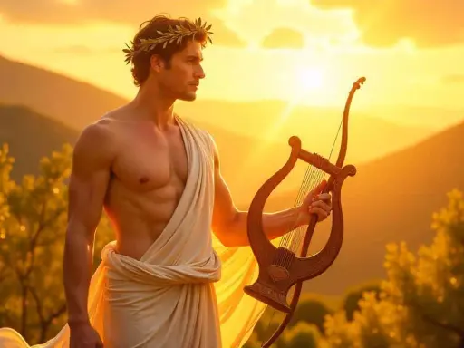 Apollon, Gott der Künste, trägt einen Lorbeerkranz und hält eine Lyra. Seine göttlichen Eigenschaften spiegeln sich im warmen Sonnenlicht.