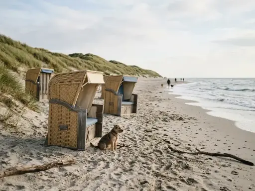 Ein kleiner Hund wartet geduldig am hundestrand nordsee neben Strandkörben. Im Hintergrund spazieren Menschen mit ihren Hunden am Meer.