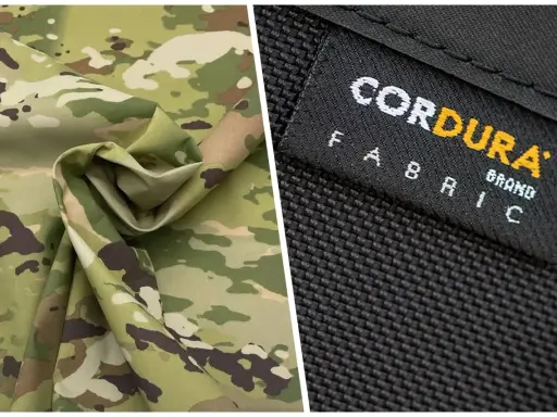 Dwa rodzaje materiału: jeden w kamuflażu, drugi czarny z widocznym logo CORDURA FABRIC.