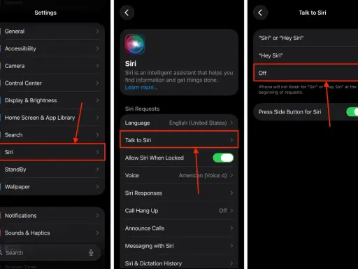 Jak włączyć Siri: w Ustawieniach wybierz Siri, a następnie "Talk to Siri". Upewnij się, że opcja "Off" nie jest zaznaczona.