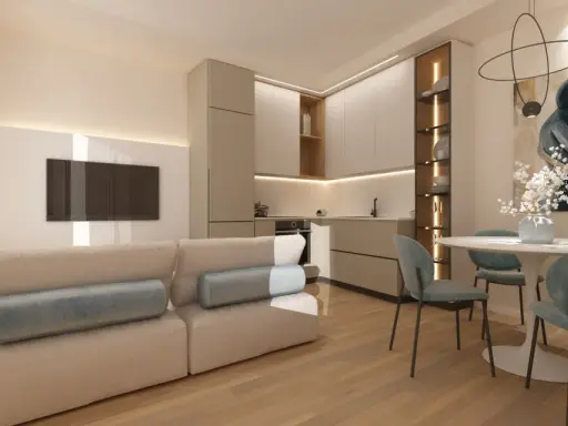 Soggiorno beige e bianco con divano, cucina moderna, tavolo rotondo e quadro astratto.