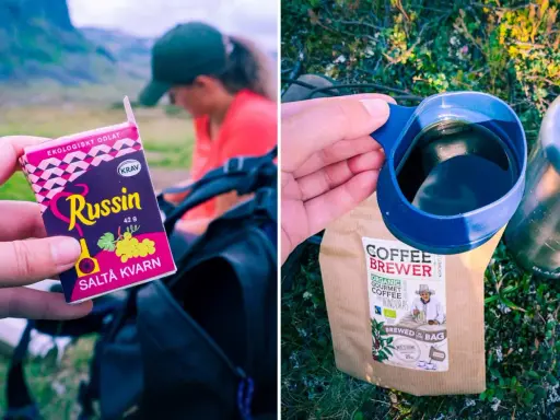 En paus under kungsleden vandring med russin och kaffe.