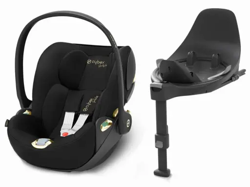 Elegancki czarny fotelik samochodowy Cybex z bazą Isofix. Złote detale dodają luksusu.