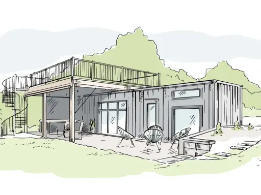 Dessin d'une maison moderne en conteneurs avec terrasse et escalier extérieur.