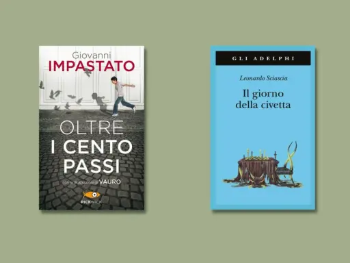 Due libri: "Oltre i cento passi" di Giovanni Impastato, che racconta la lotta alla mafia, e "Il giorno della civetta" di Leonardo Sciascia, un classico sui libri mafia.