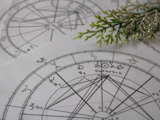 Zrozumienie, jak czytać kosmogram, to klucz do odkrywania tajemnic wszechświata. Na zdjęciu widać fragmenty kosmogramów, symboli astrologicznych i gałązkę iglastą.