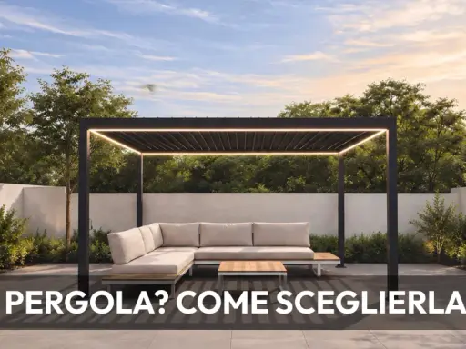 Moderna pergola con illuminazione LED e divano angolare in un giardino curato. Idee pergolato giardino per creare uno spazio relax.
