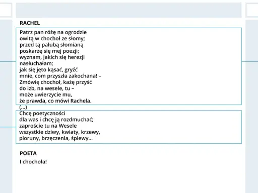 Fragment tekstu dramatu "Wesele" z cytatami postaci Rachel i Poety.