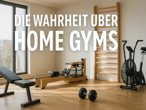 Ein stilvolles **Fitnessstudio zuhause einrichten**: Rudergerät, Hanteln, Air Bike und Trainingsbank für dein Workout.