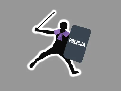 Sylwetka policjanta z tarczą i pałką, na szarym tle.
