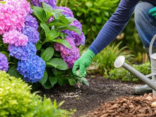 Maintenant, apprenons comment fertiliser une plante. Une main gantée disperse des granulés d'engrais au pied d'hortensias bleus et roses.