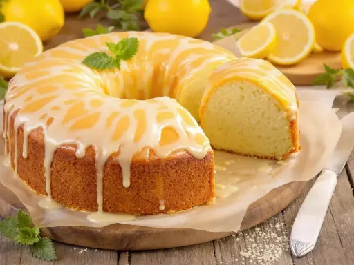 Un cake au citron ultra moelleux, nappé d'un glaçage blanc et jaune, décoré de menthe. Des citrons frais entourent ce délice.