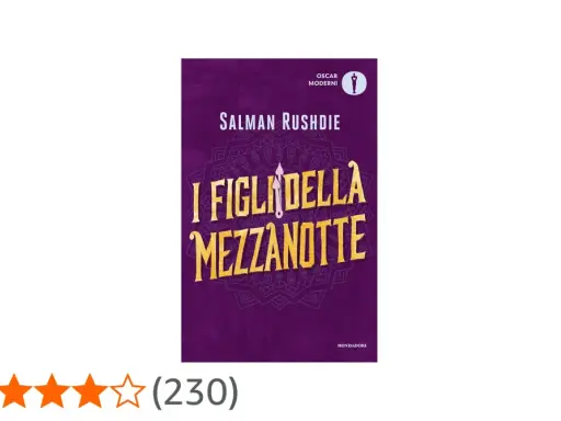 Copertina del libro "I figli della mezzanotte" di Salman Rushdie, con un disegno stilizzato e il titolo in oro.