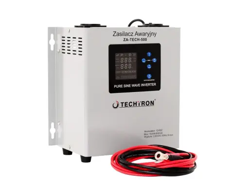 Zasilacz awaryjny TECHTRON ZA-TECH-500, model w trakcie testowania, z wyświetlaczem i przewodami.