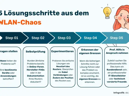 Hilfe bei schlechtem Internet: 5 Schritte von Fragen stellen bis professionelle Hilfe. Eine Frau denkt nach, umgeben von Glühbirnen und Fragezeichen.