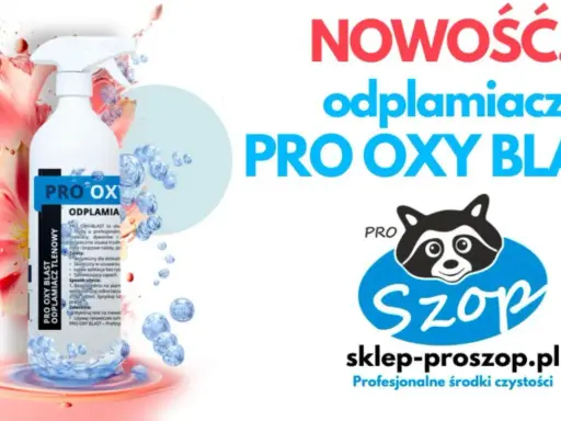 Biała butelka odplamiacza tlenowego PRO OXY BLAST na tle kwiatów i bąbelków.