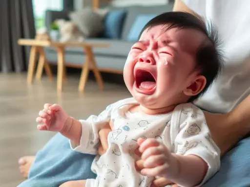 Un bebé enfadado llora desconsoladamente, con lágrimas en los ojos y la boca abierta.