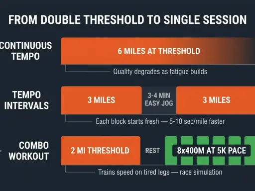 Trainingsplan: Kontinuierliches Tempo, Tempo-Intervalle, Kombi-Workout. Zeigt verschiedene Trainingsformen, um die Leistung zu steigern, von **double threshold training** bis zu einzelnen Einheiten.