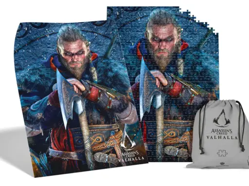 Puzzle z Eivorem z Assassin's Creed Valhalla i worek do przechowywania gier i puzzli.
