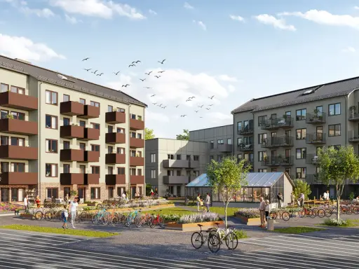 Nya Hovås: moderna lägenhetshus med balkonger, grönskande innergård med växthus och cyklar.