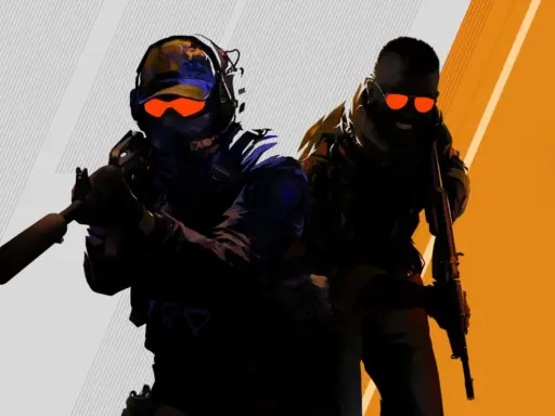 Dwóch żołnierzy z gry Counter-Strike 2, z pomarańczowymi okularami i bronią, gotowych do akcji.