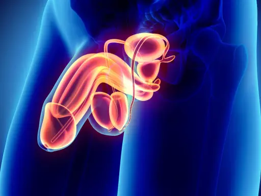 Anatomia męskiego układu rozrodczego, ukazująca prącie, jądra i pęcherz moczowy w neonowych barwach.
