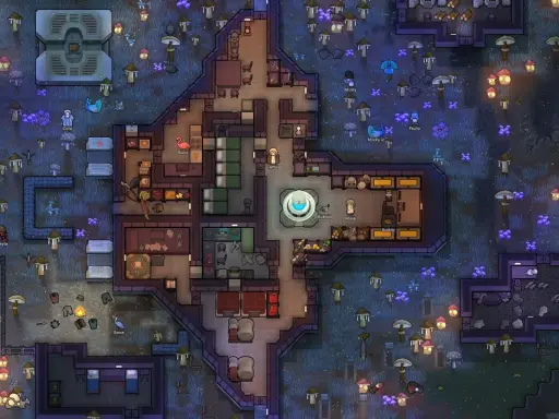 Kolonia w grze podobnej do Rimworld. Koloniści budują bazę wśród świecących grzybów i niebieskich roślin.