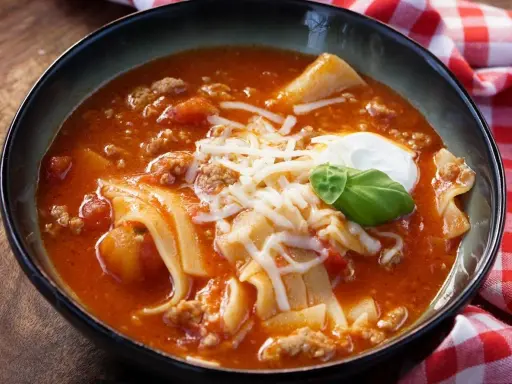 Herzhafte Lasagne Suppe mit Hackfleisch, Nudeln und Käse, garniert mit einem Klecks Sauerrahm und Basilikum.