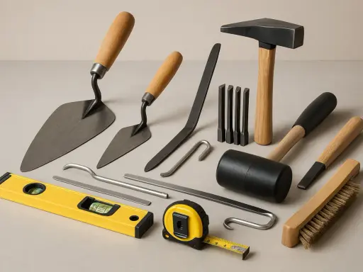 Conjunto de herramientas de albañilería y carpintería, incluyendo paletas, martillo, cinceles, nivel, cinta métrica y cepillo. Estos instrumentos de medición y trabajo son esenciales para cualquier proyecto.