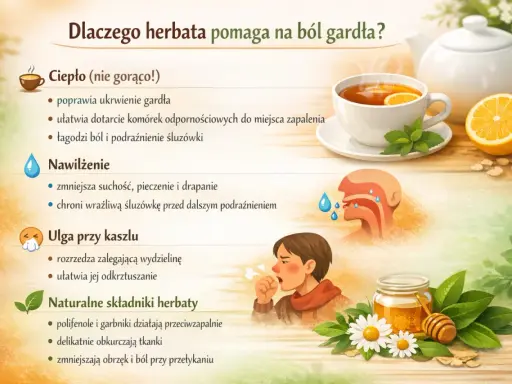 Ciepła herbata to idealna **jaka herbata na ból gardła** – łagodzi, nawilża i pomaga przy kaszlu dzięki naturalnym składnikom.