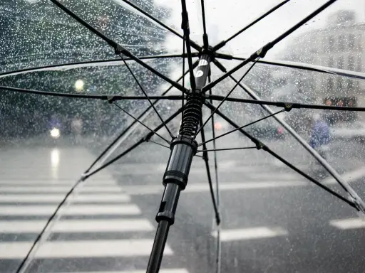 Przezroczysty parasol w deszczu, z widocznym stelażem i kroplami wody. Zastanawiasz się, czy można zabrać parasol do samolotu?