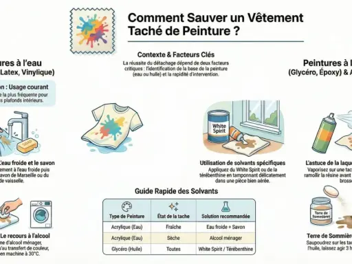 Guide pour comment enlever de la peinture sur un vêtement : eau froide et savon pour les taches fraîches, alcool ménager pour les sèches, et White Spirit pour les peintures à l'huile.