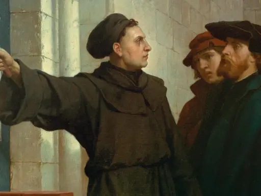 Martin Luther nagelt seine Thesen an die Tür. Ein Mann mit Hammer und Mönchskutte, umgeben von neugierigen Zuhörern. Martin Luther Infos.