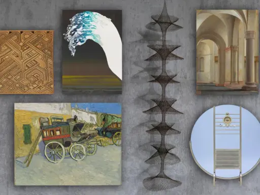 A curated selection from the David Geffen art collection, featuring diverse artworks including a woven textile, abstract paintings, a classical architectural scene, and a unique wire sculpture.