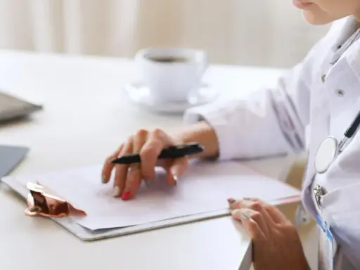 Médica revisa historial para tratamiento de hiperplasia endometrial. En su escritorio, laptop, tablet y café.