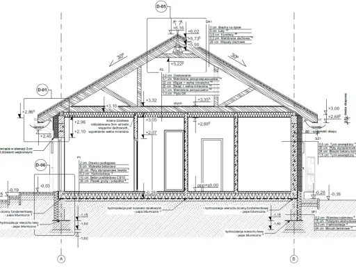 Przekrój budynku z detalami konstrukcyjnymi, uwzględniający projekt architektoniczno budowlany.