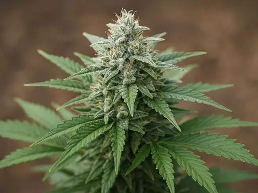 Kwiatostan odmiany White Widow, pokryty białym, krystalicznym oszronieniem, otoczony zielonymi liśćmi.