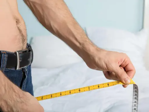 Mężczyzna mierzy obwód talii centymetrem. Czy penis to mięsień? To pytanie nurtuje wielu, ale centymetr pokazuje tylko obwód.
