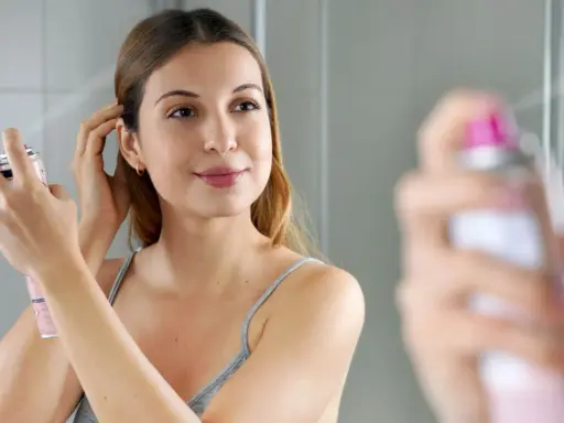 Frau sprüht sich Trockenshampoo ins Haar, um es aufzufrischen. So einfach ist es, wie man Trockenshampoo benutzt.