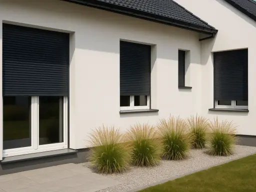 Nowoczesny dom z białym tynkiem, okna z czarnymi roletami zewnętrznymi, które dodają elegancji.
