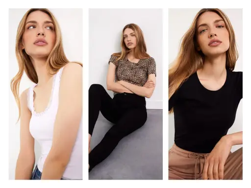 Trzy ujęcia kobiet w prostych, basicowych stylizacjach: biały top z koronką, bluzka w panterkę i czarny t-shirt.